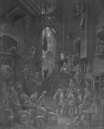Riverside Street, "Lontoo, pyhiinvaellus", kirjoittanut William Blanchard Jerrold (1826-84) ja kaivertanut Charles Laplante (k.1903) pub. 1872 tekijältä Gustave Dore